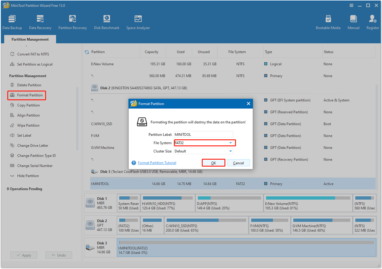 format USB flash drive in MiniTool Partition Wizard