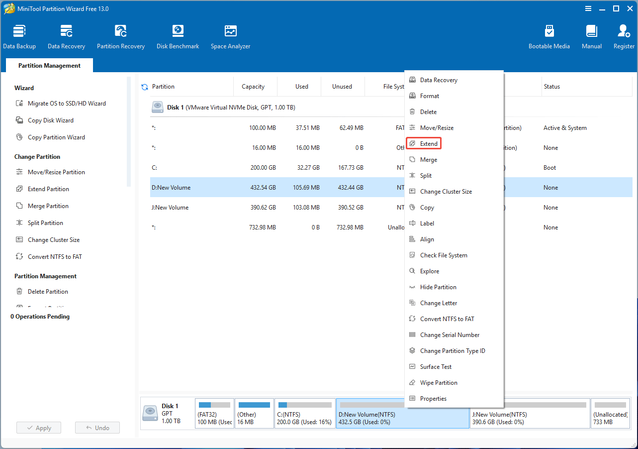 screenshot showing the Extend feature in MiniTool Partition Wizard