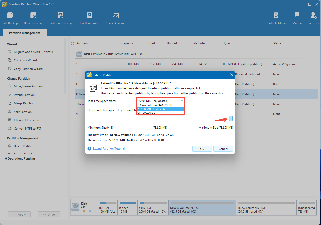 screenshot showing taking free space from unallocated space in MiniTool Partition Wizard