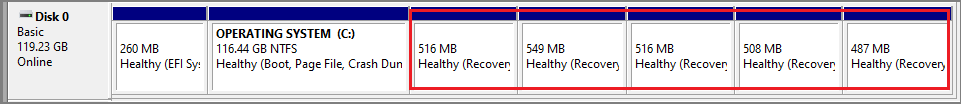 screenshot showing multiple recovery partitions on the right of the disk