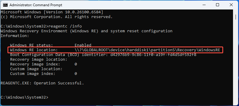 screenshot showing Windows RE location in Command Prompt