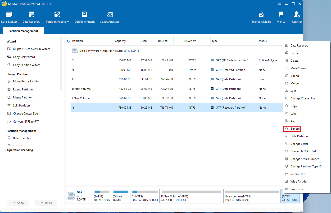 screenshot showing recovery partition directories in MiniTool Partition Wizard