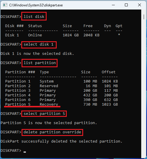 screenshot showing deleting a recovery partition with commands