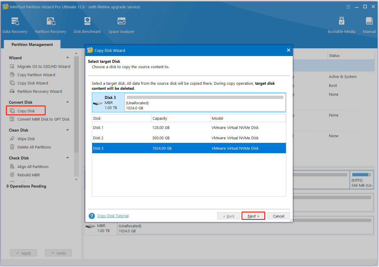 select the target disk and click Next in MiniTool Partition Wizard