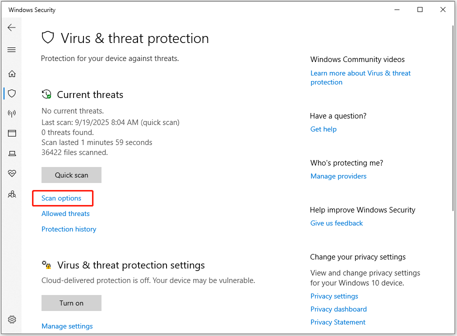 click Scan options in the Virus & threat protection window
