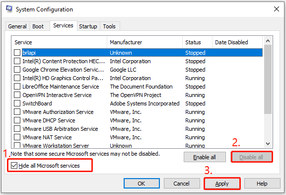 disable all services except Microsoft services