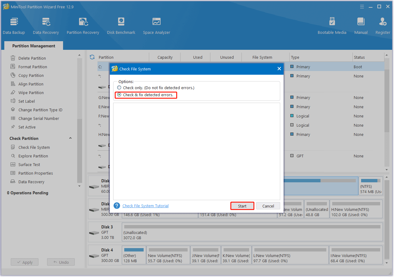 run the Check File System in MiniTool Partition Wizard