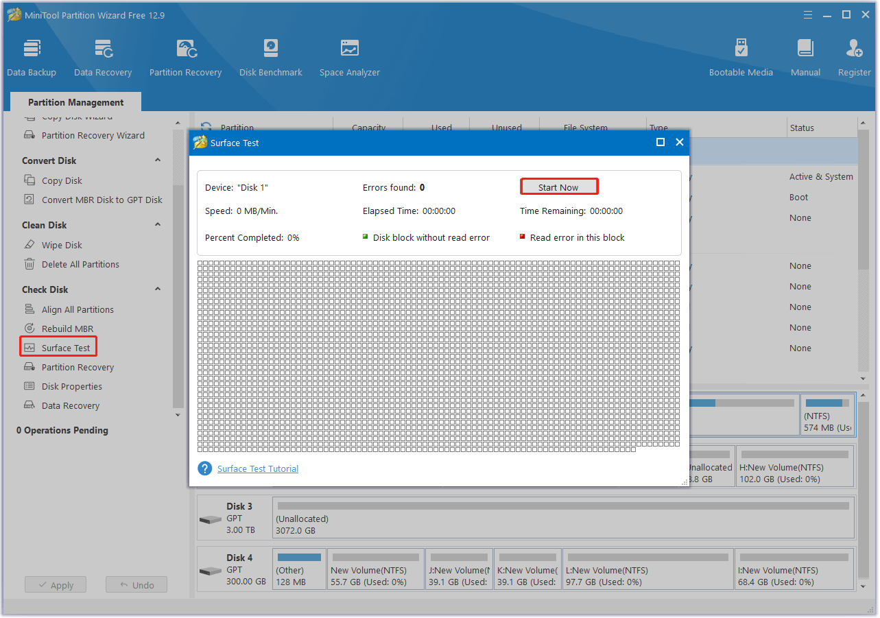 run the Surface Test feature in MiniTool Partition Wizard