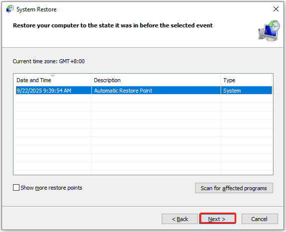 choose a restore point and click Next