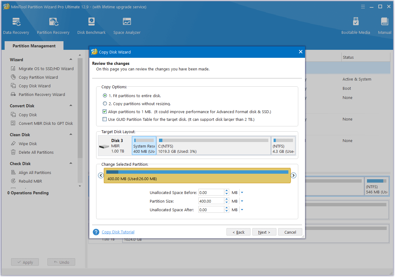 set Copy Options and adjust Target Disk Layout in MiniTool Partition Wizard