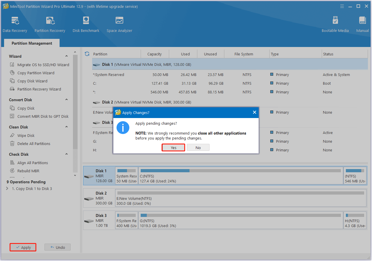click Apply and Yes sequentially in MiniTool Partition Wizard