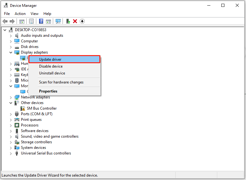 Update outdated graphics card driver in Device Manager