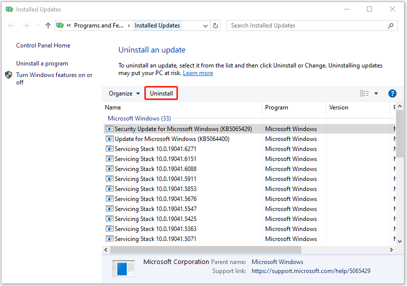 uninstall the latest Windows update
