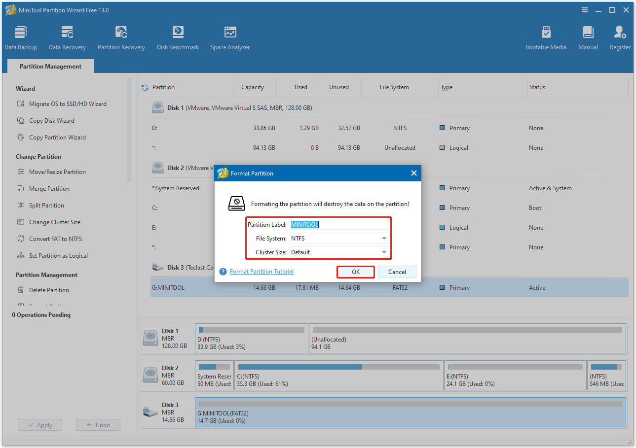 configure some settings for formatting in MiniTool Partition Wizard