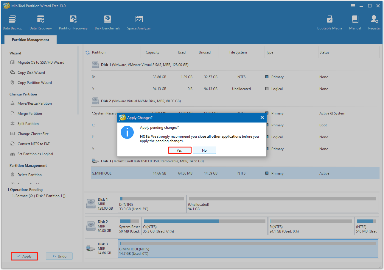 click Apply to perform the process in MiniTool Partition Wizard