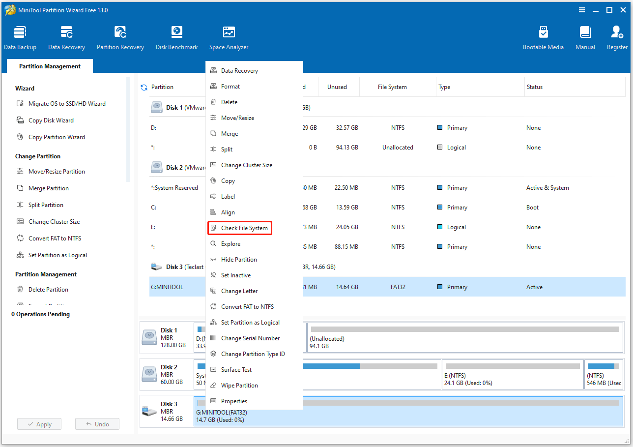 select Check File System in MiniTool Partition Wizard