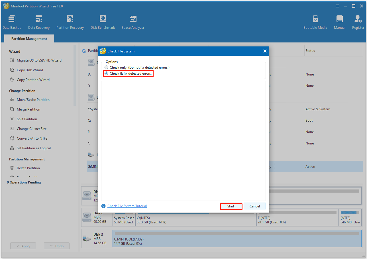 check and fix detected errors using MiniTool Partition Wizard