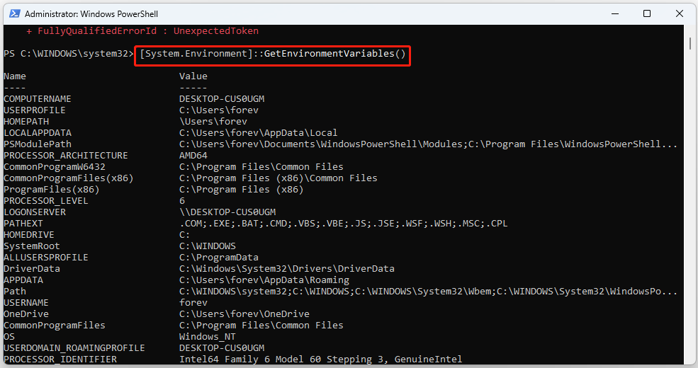 list all environment variables in PowerShell