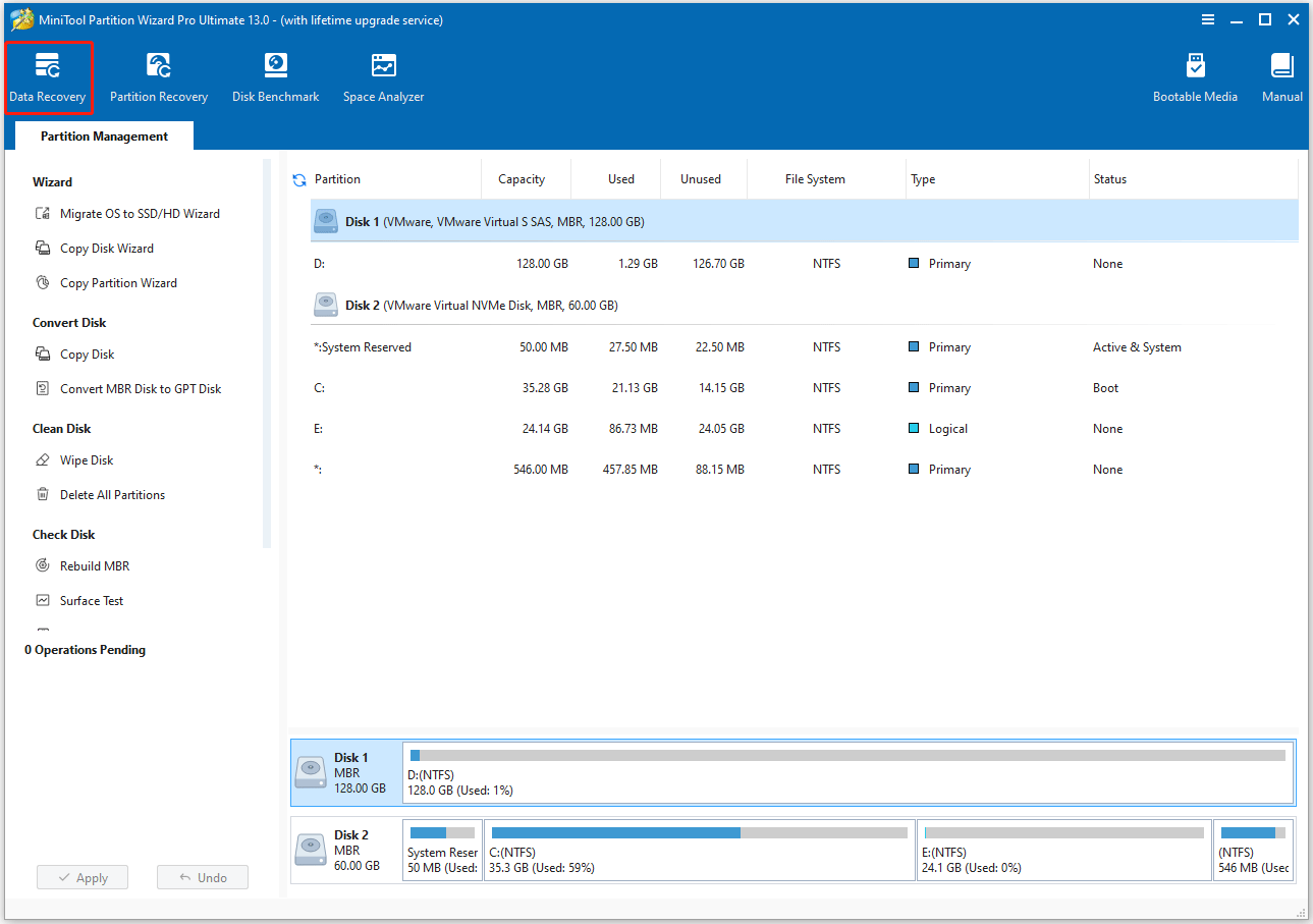 click Data Recovery in the main interface of MiniTool Partition Wizard