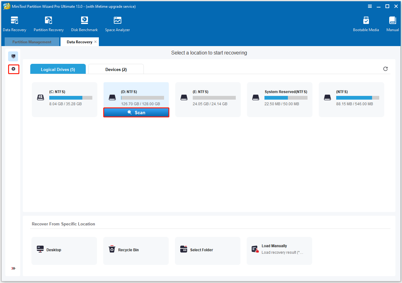 Click Scan to recover data from the SSD in MiniTool Partition Wizard