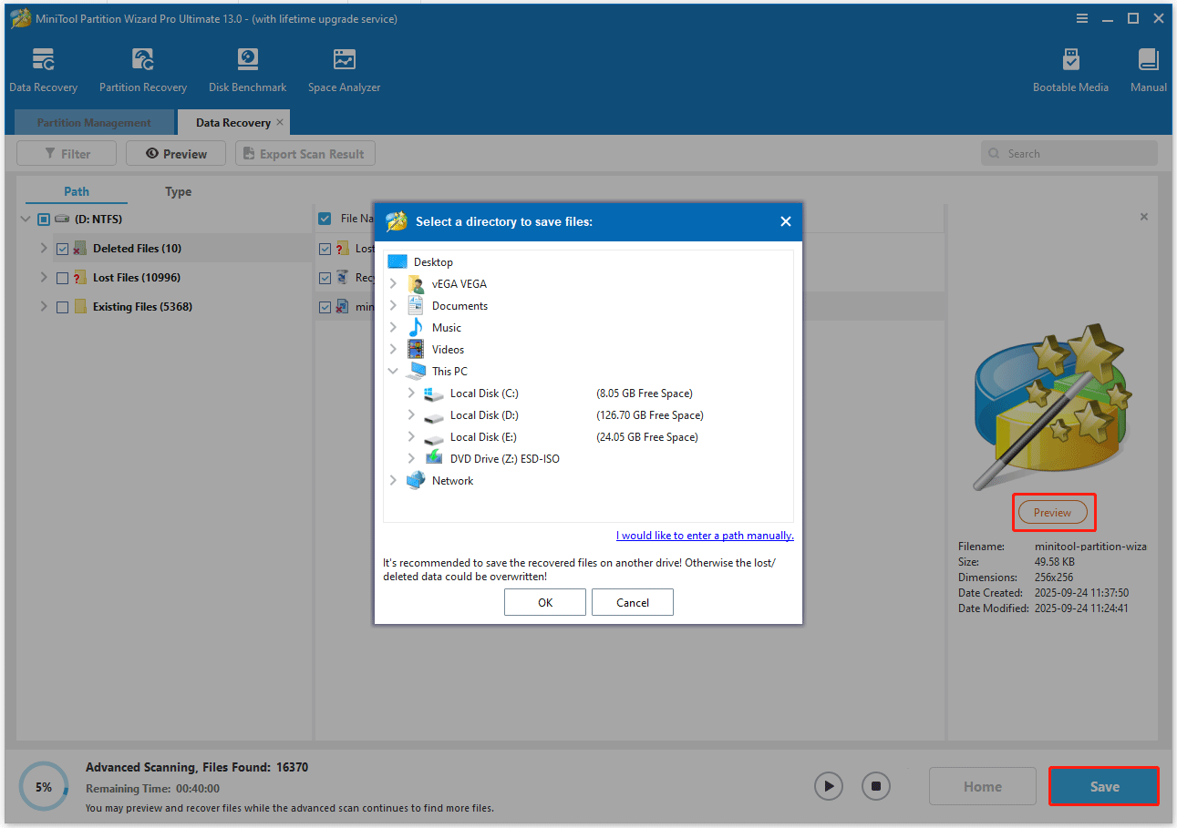 Choose a safe location to save data in MiniTool Partition Wizard