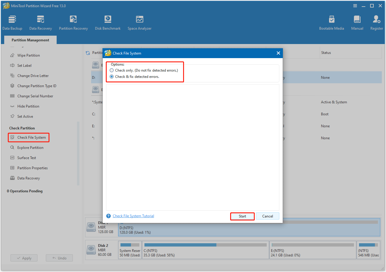 check file system errors using MiniTool Partition Wizard
