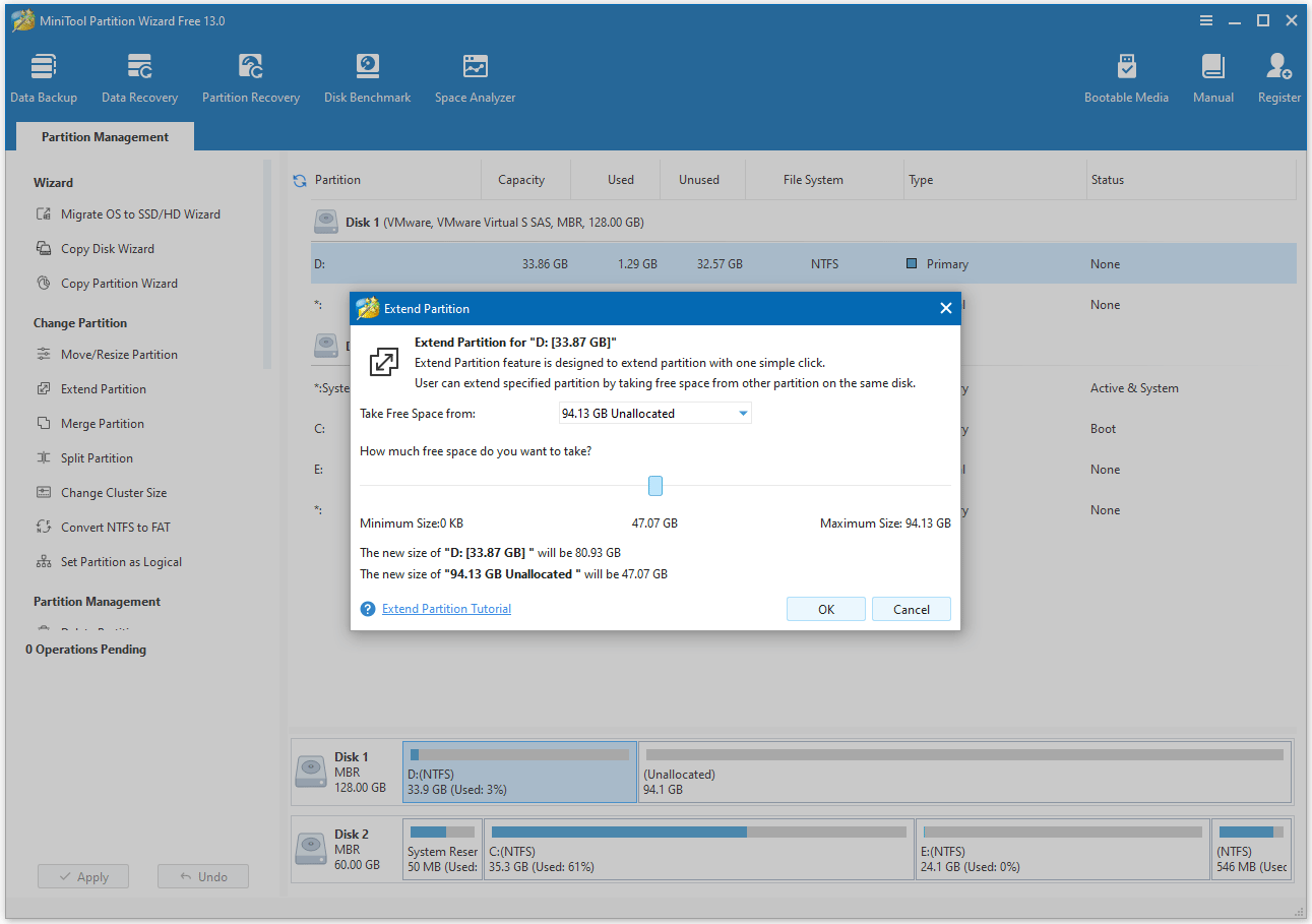Select where to take space in MiniTool Partition Wizard