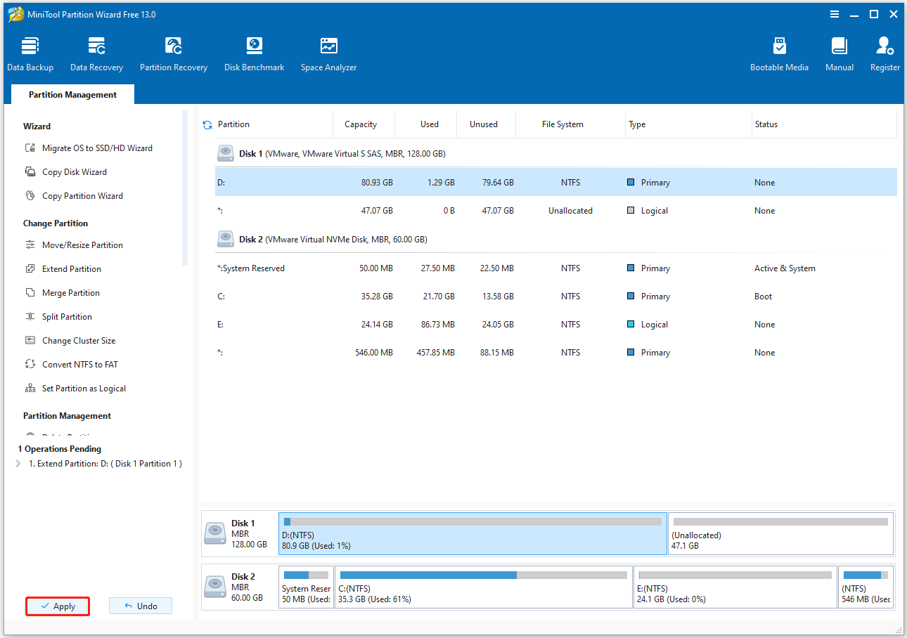 Click Apply to perform the pending actions in MiniTool Partition Wizard