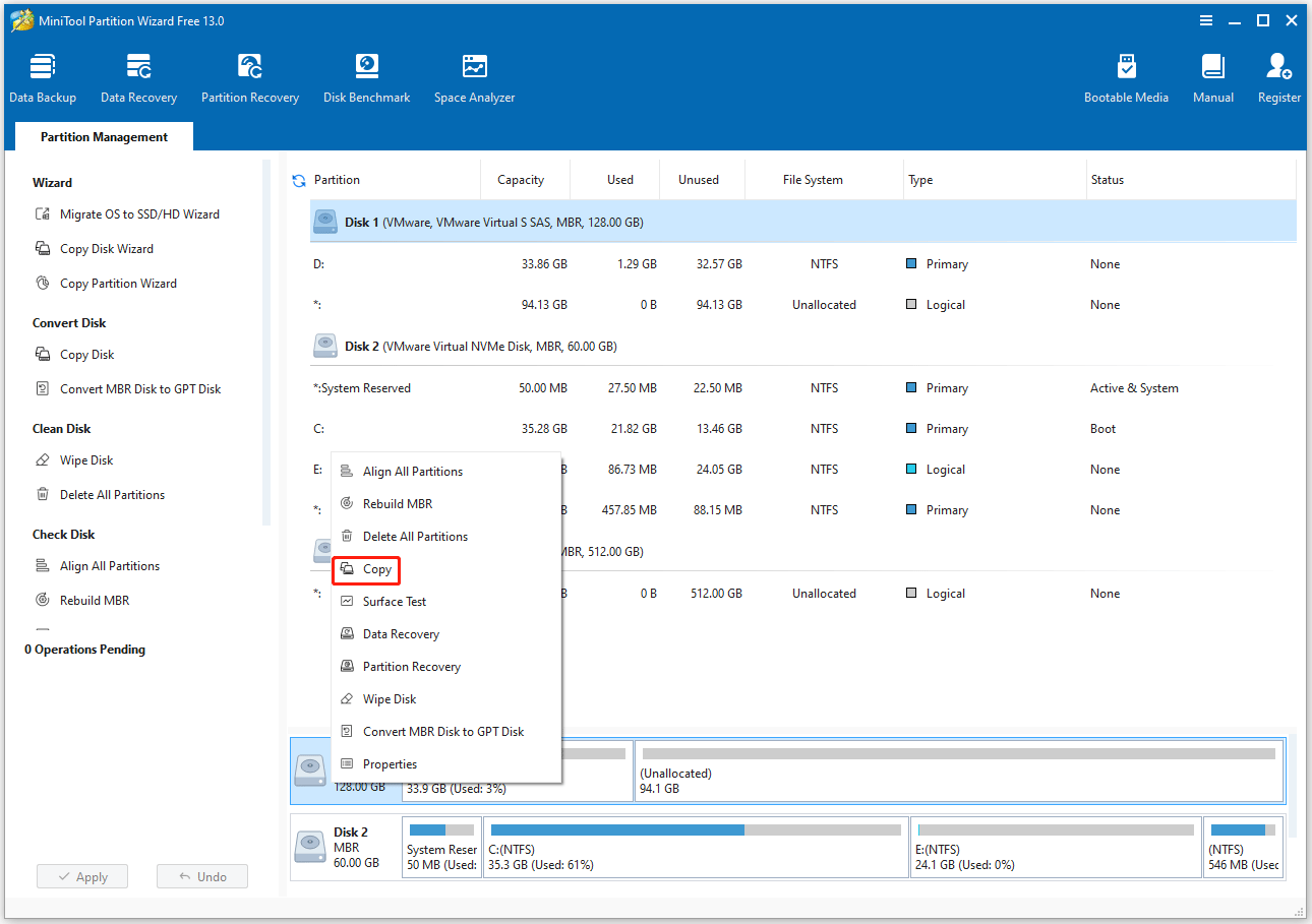 Select the original drive in MiniTool Partition Wizard