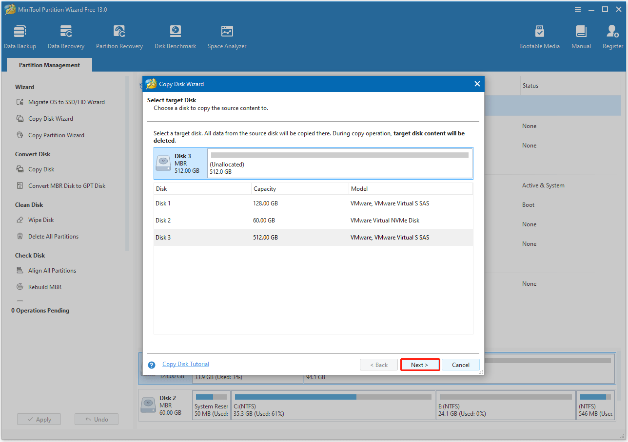 Select the destination disk in MiniTool Partition Wizard