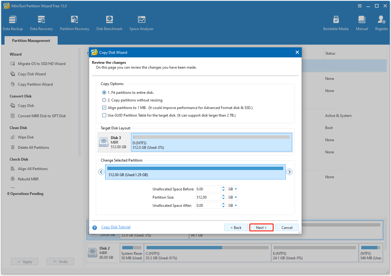 Review the changes in MiniTool Partition Wizard