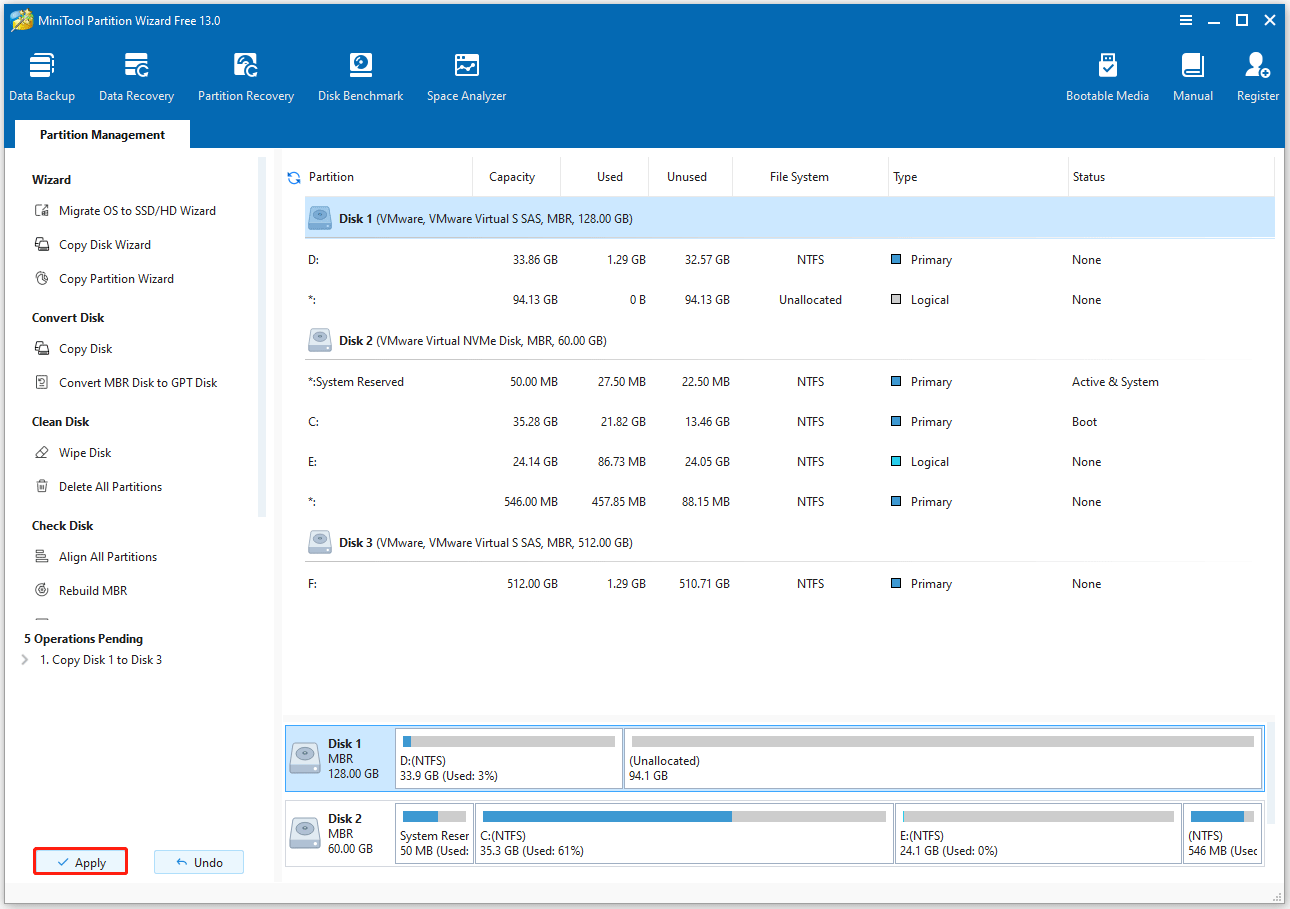 Click Apply to execute the pending operations in MiniTool Partition Wizard