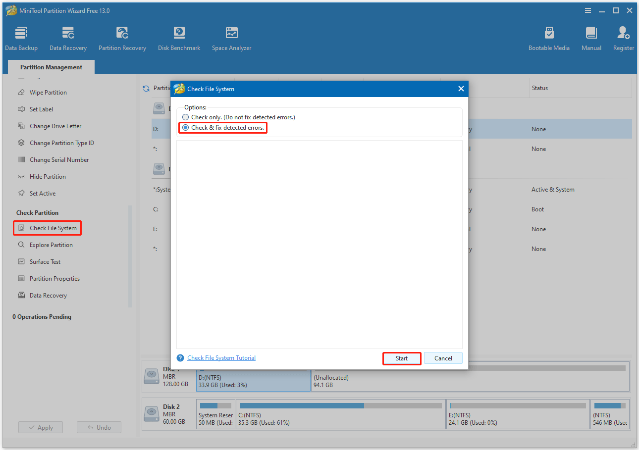 Select to check and fix detected file system errors in MiniTool Partition Wizard
