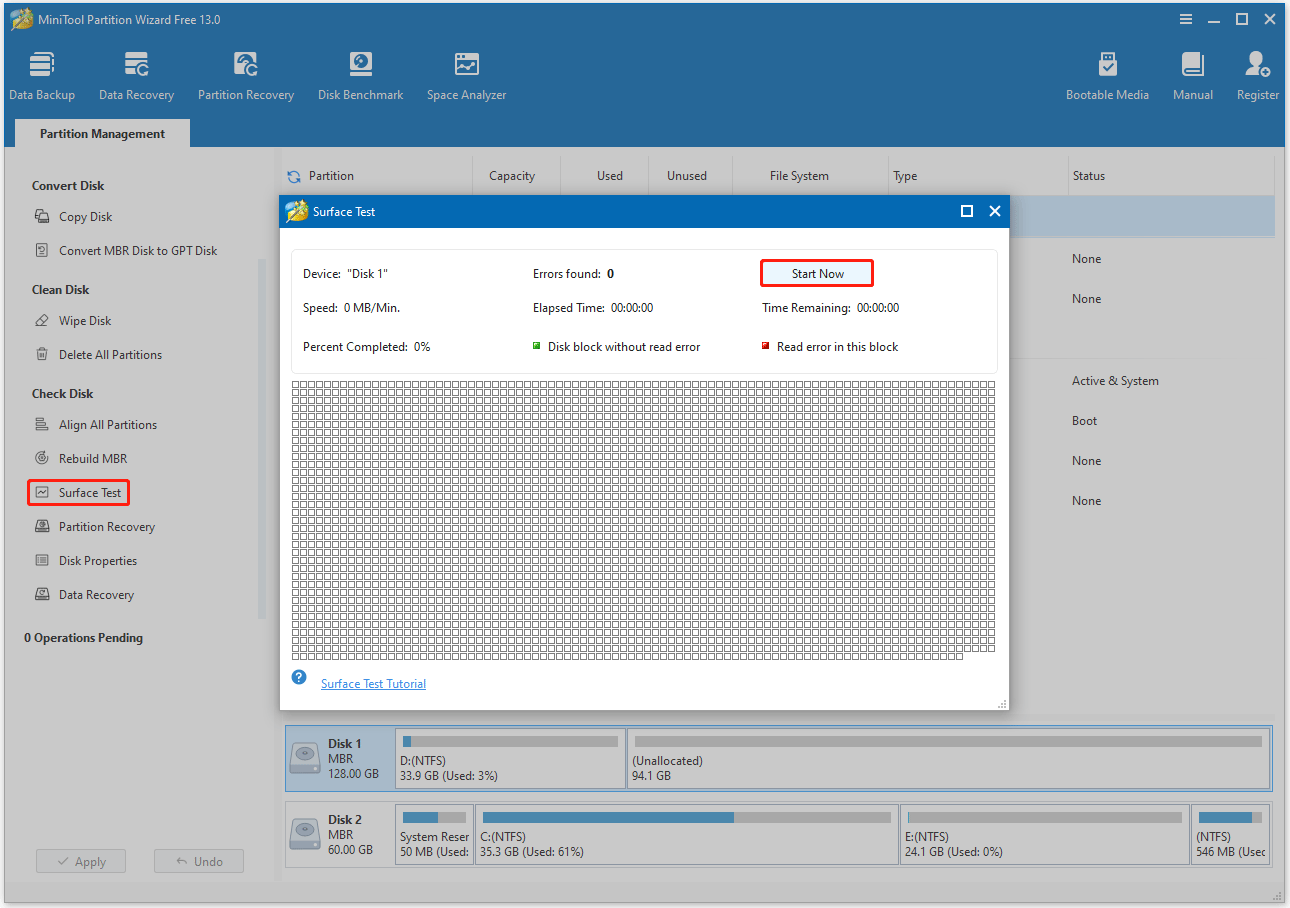 Perform Surface Test to check bad sectors with MiniTool Partition Wizard