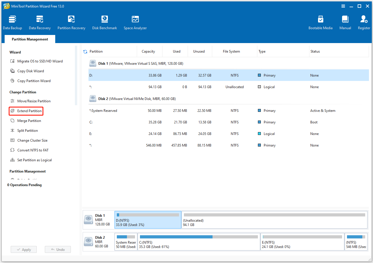 Select the Extend Partition feature in MiniTool Partition Wizard