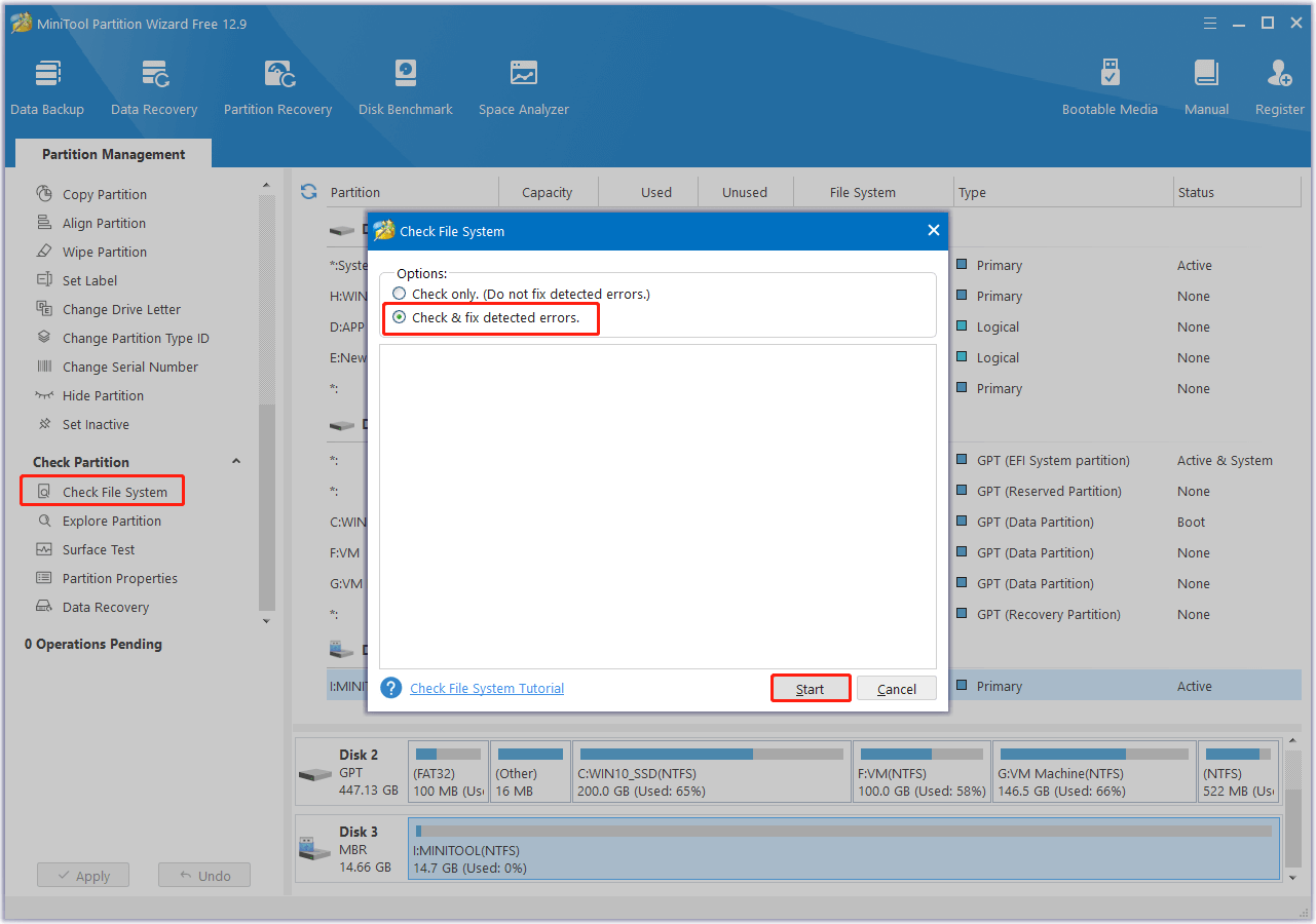 run Check File System in MiniTool Partition Wizard