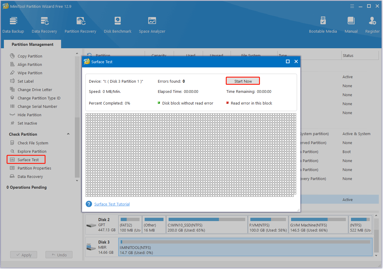run Surface Test in MiniTool Partition Wizard