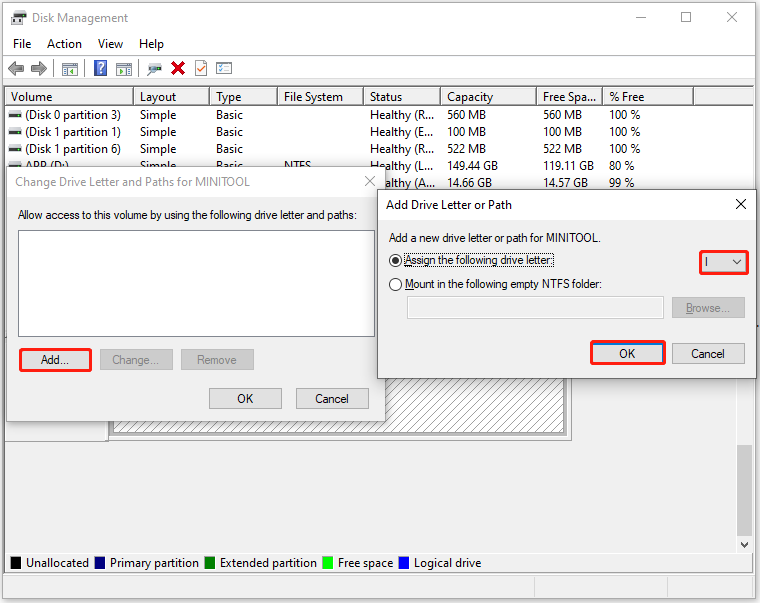 assign drive letter to TF card in Disk Management