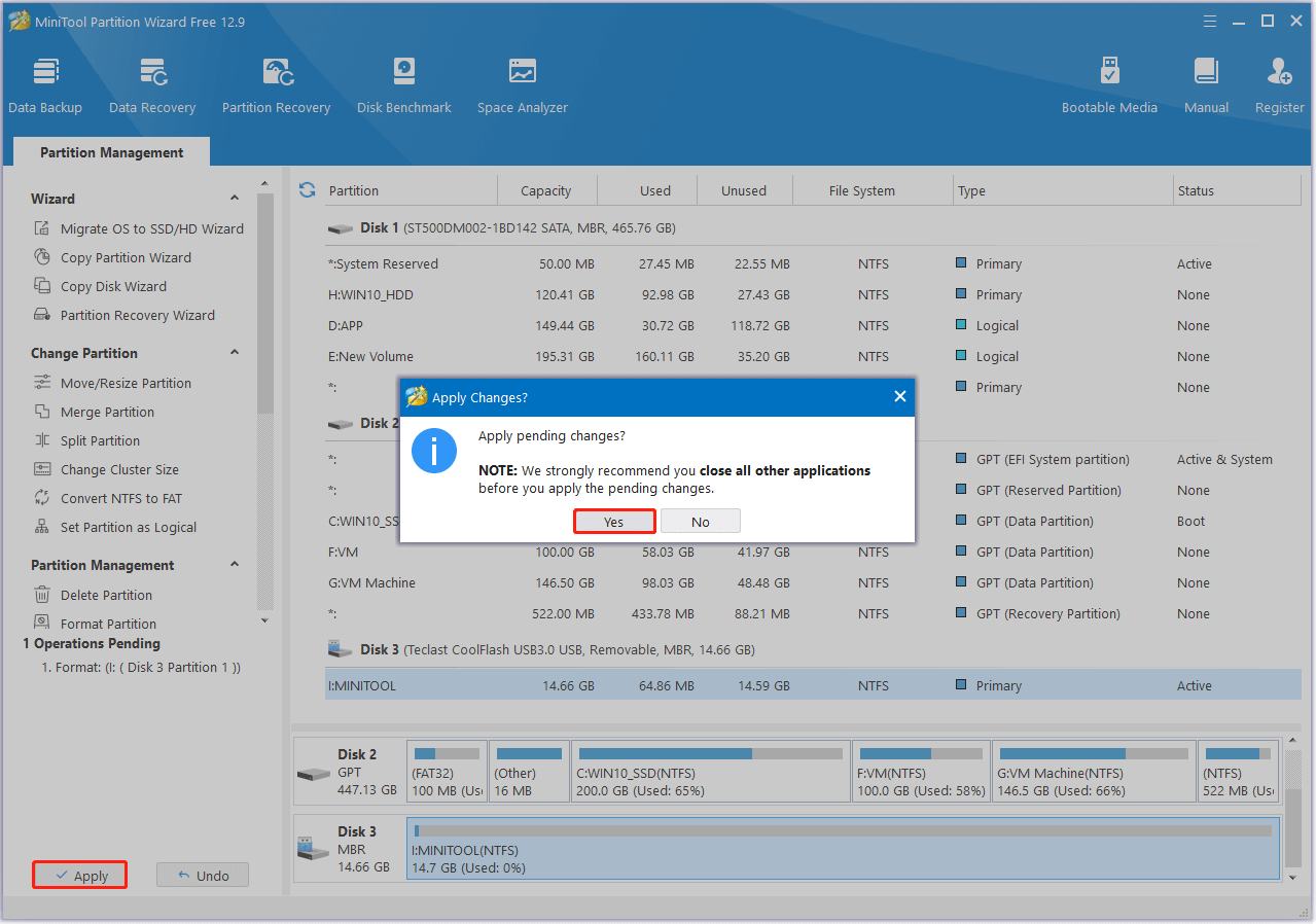 click Apply and Yes in MiniTool Partition Wizard