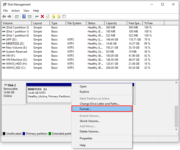 select Format from the right-click menu in Disk Management