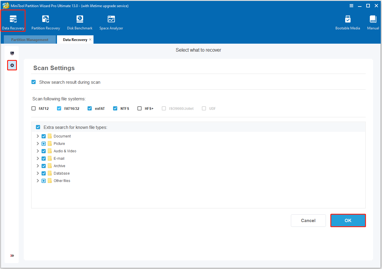 click Data Recovery and set Scan Settings in MiniTool Partition Wizard