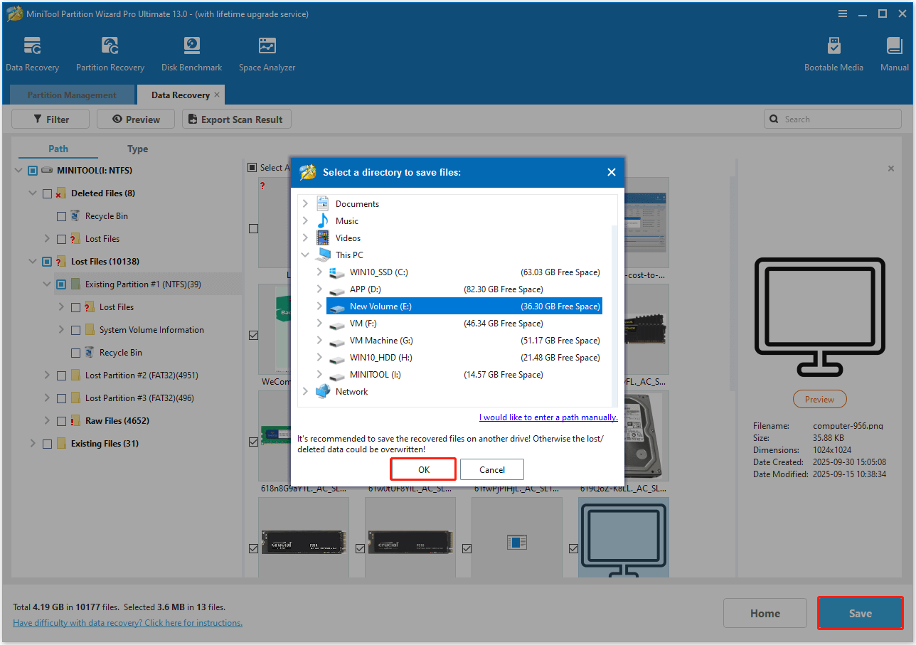 save the recovered files in MiniTool Partition Wizard