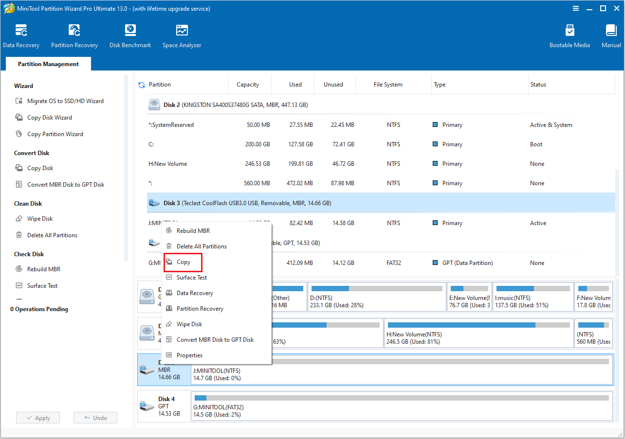 click Copy feature in MiniTool Partition Wizard