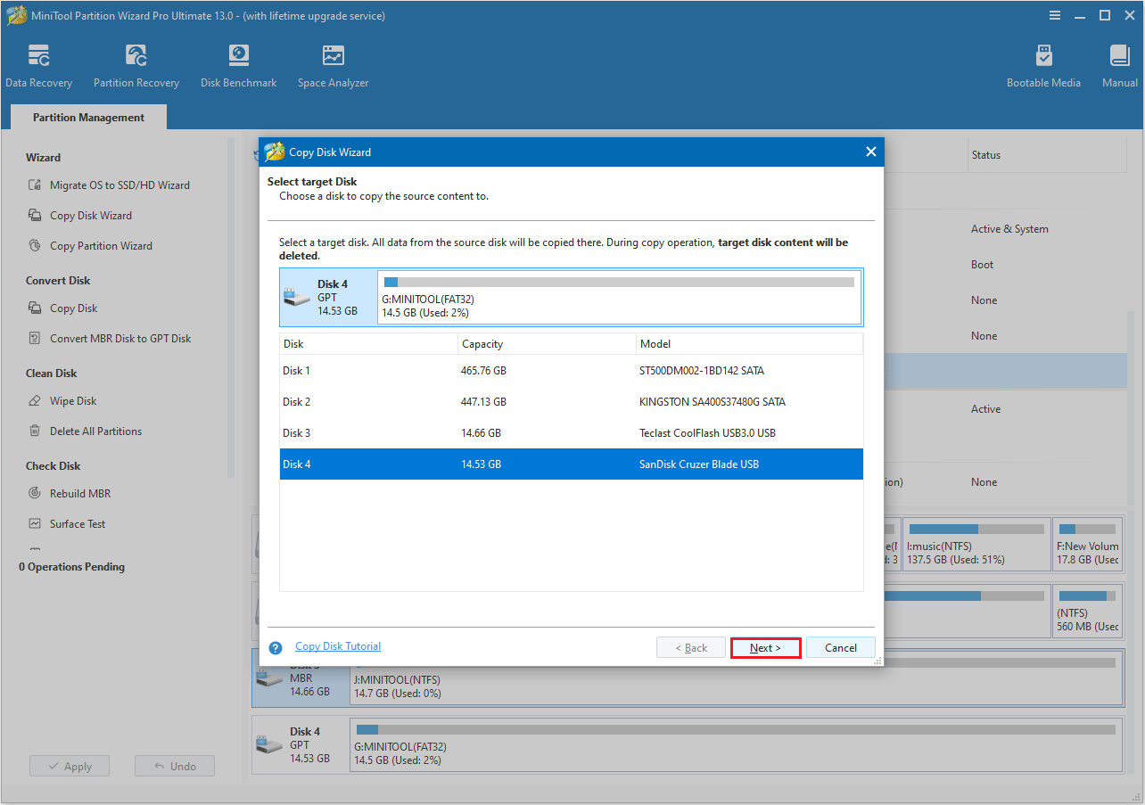 select a target disk in MiniTool Partition Wizard