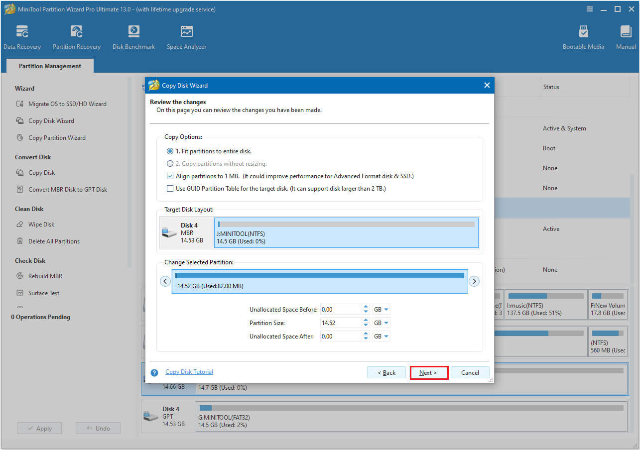 choose a copy option in MiniTool Partition Wizard