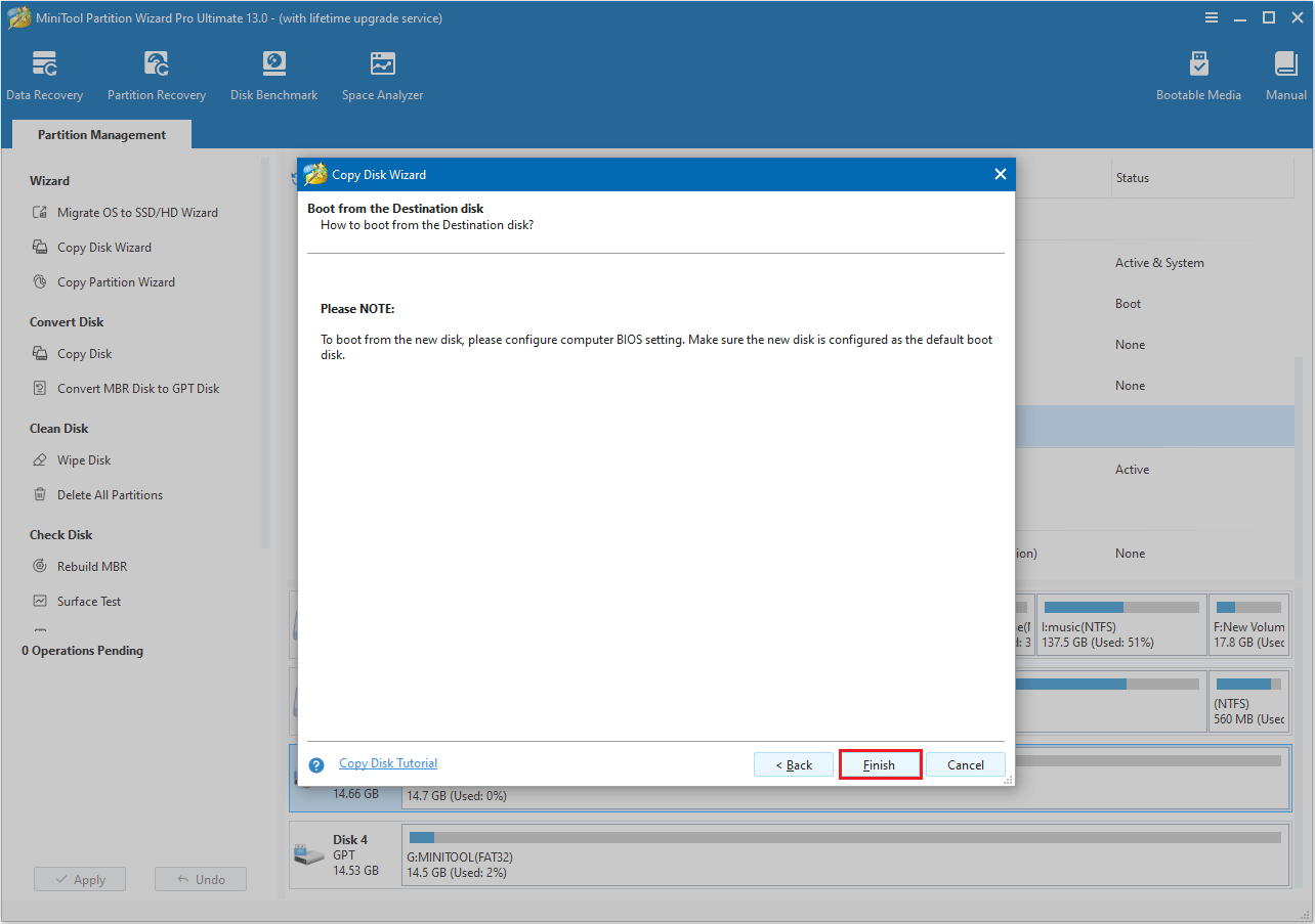 click Finish in MiniTool Partition Wizard