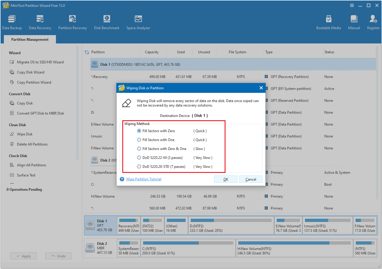 click Wipe Disk in MiniTool Partition Wizard