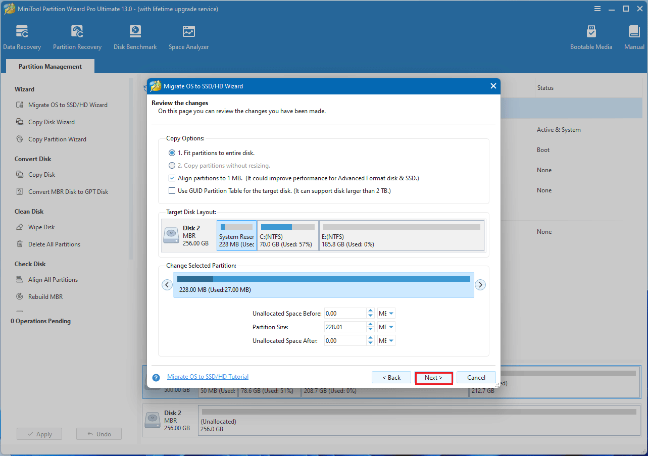 choose a copy option in MiniTool Partition Wizard
