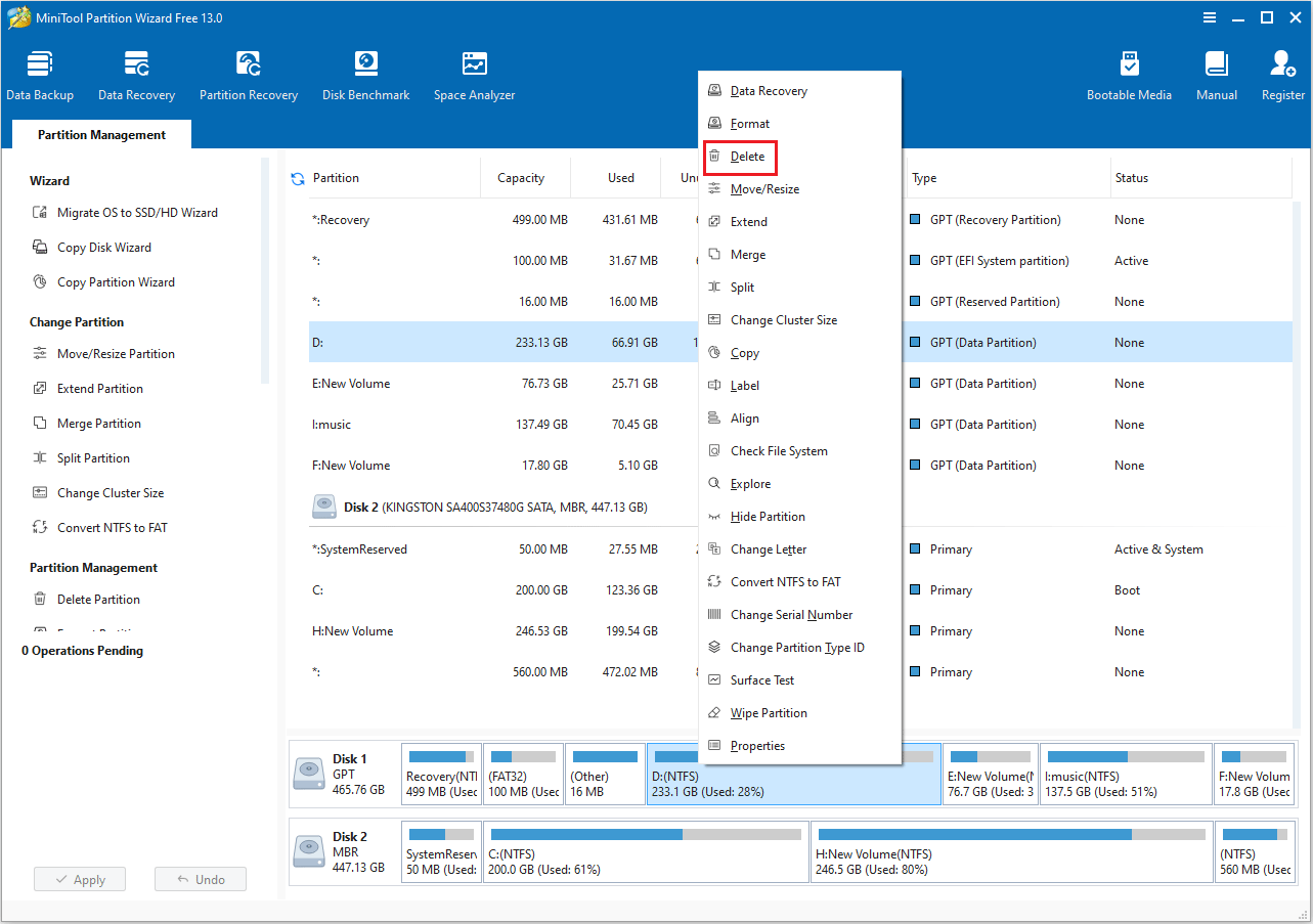 delete the partition in MiniTool Partition Wizard