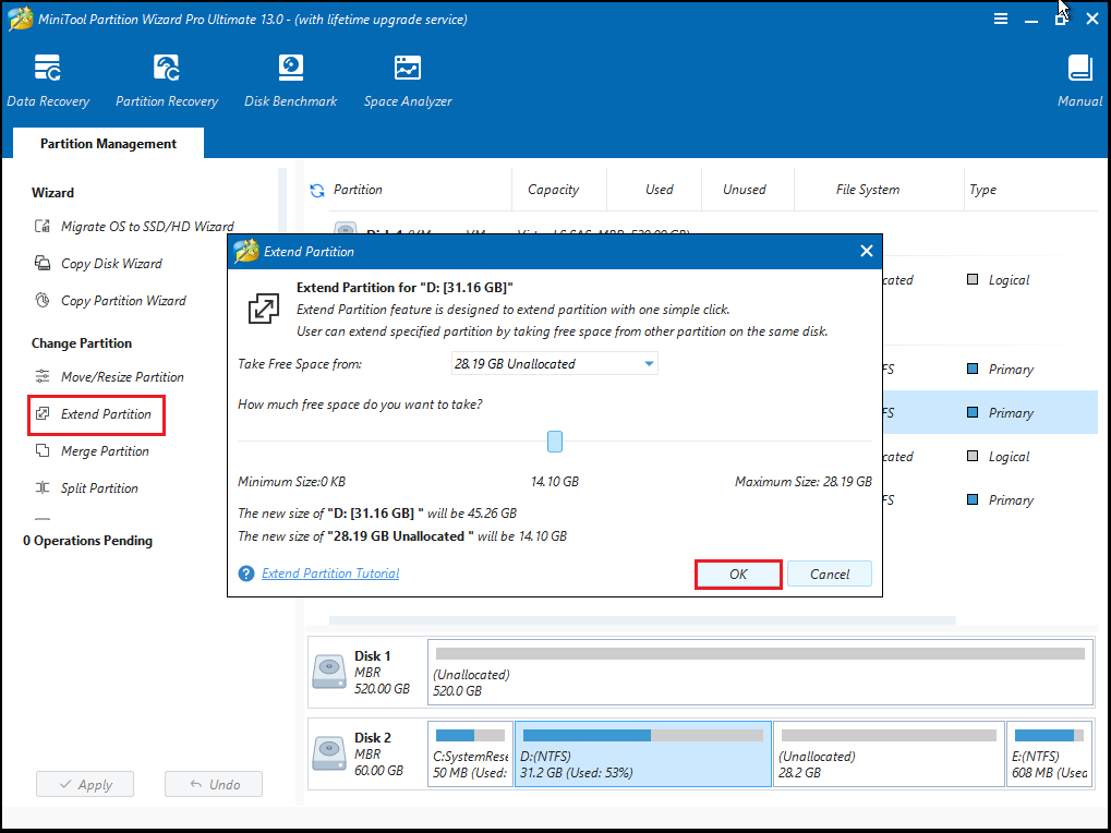 extend C drive in MiniTool Partition Wizard